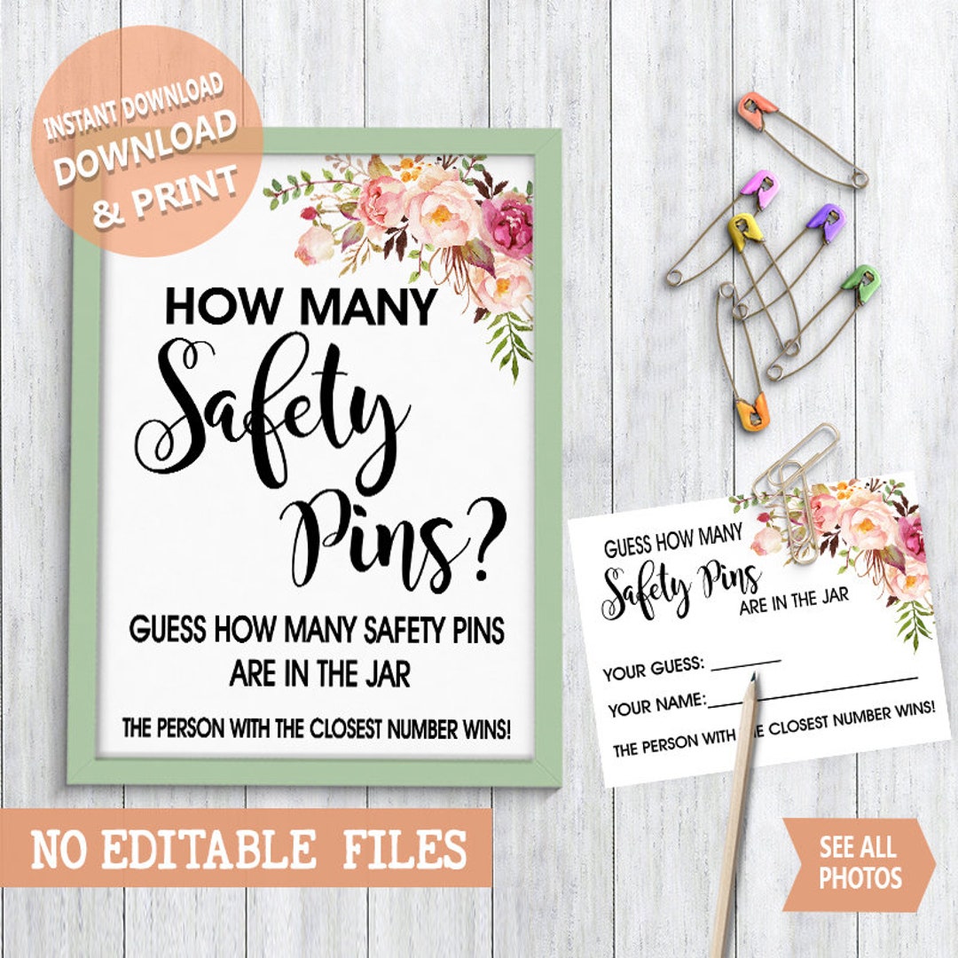 How Many Safety Pins Game Baby Shower Game Pink Flowers, Country Chic