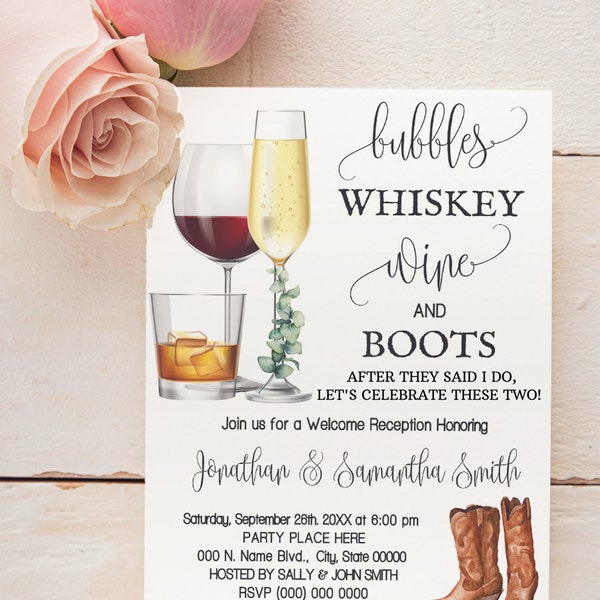 Bubbles Whiskey Wine & Boots after they said I do Welcome Reception Invitation Eucalyptus Wedding Shower You edit invite with Corjl W47-113