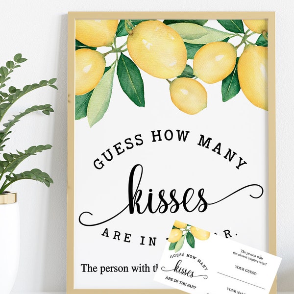 Guess how many kisses game bridal shower editable template lemon citrus lemons theme wedding shower games edit yourself with Corjl 09-GW114