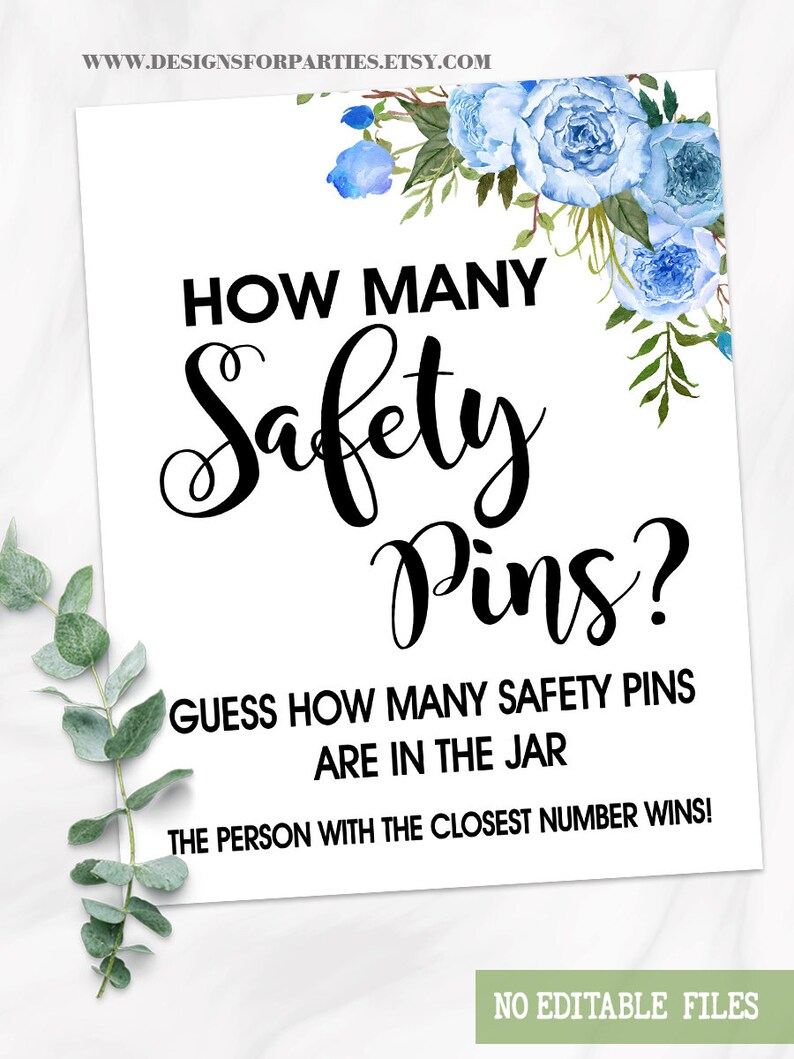 How Many Safety Pins Game Baby Shower Game Blue Flowers Etsy