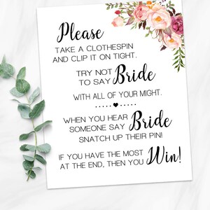 Clothespin Game Bridal Shower Don't Say Bride Country Pink Flowers Boho ...