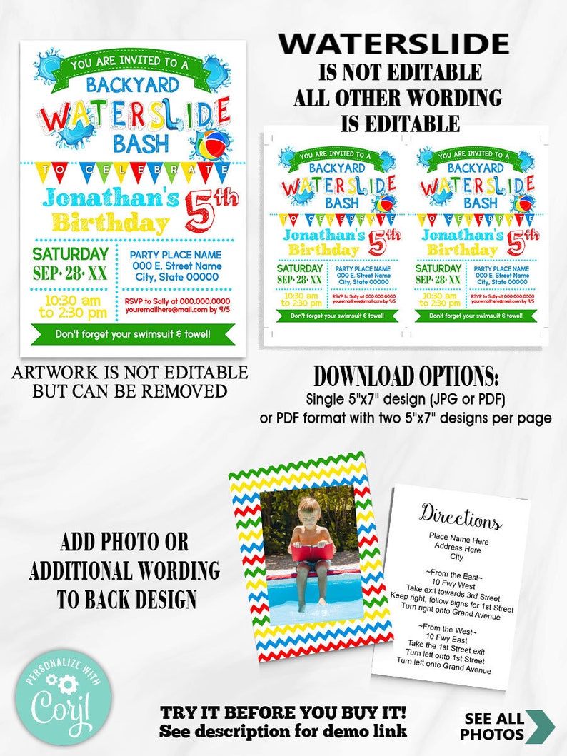 Waterslide summer backyard bash invitation summer water bash children invite self editable with Corjl P120-210 image 3