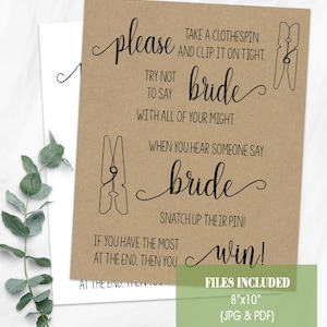 Clothespin Game Bridal Shower Don't Say Bride Game Rustic Country Chic ...