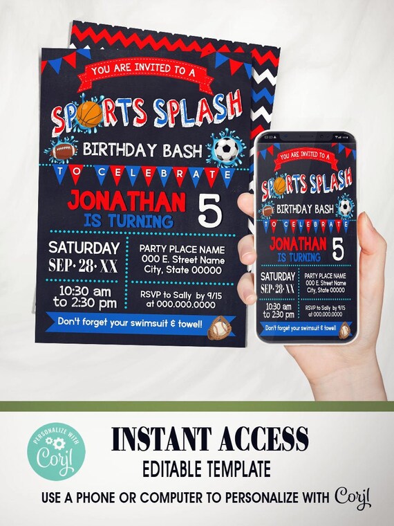 Sports Splash Backyard Water Bash Birthday Invitation Summer Etsy