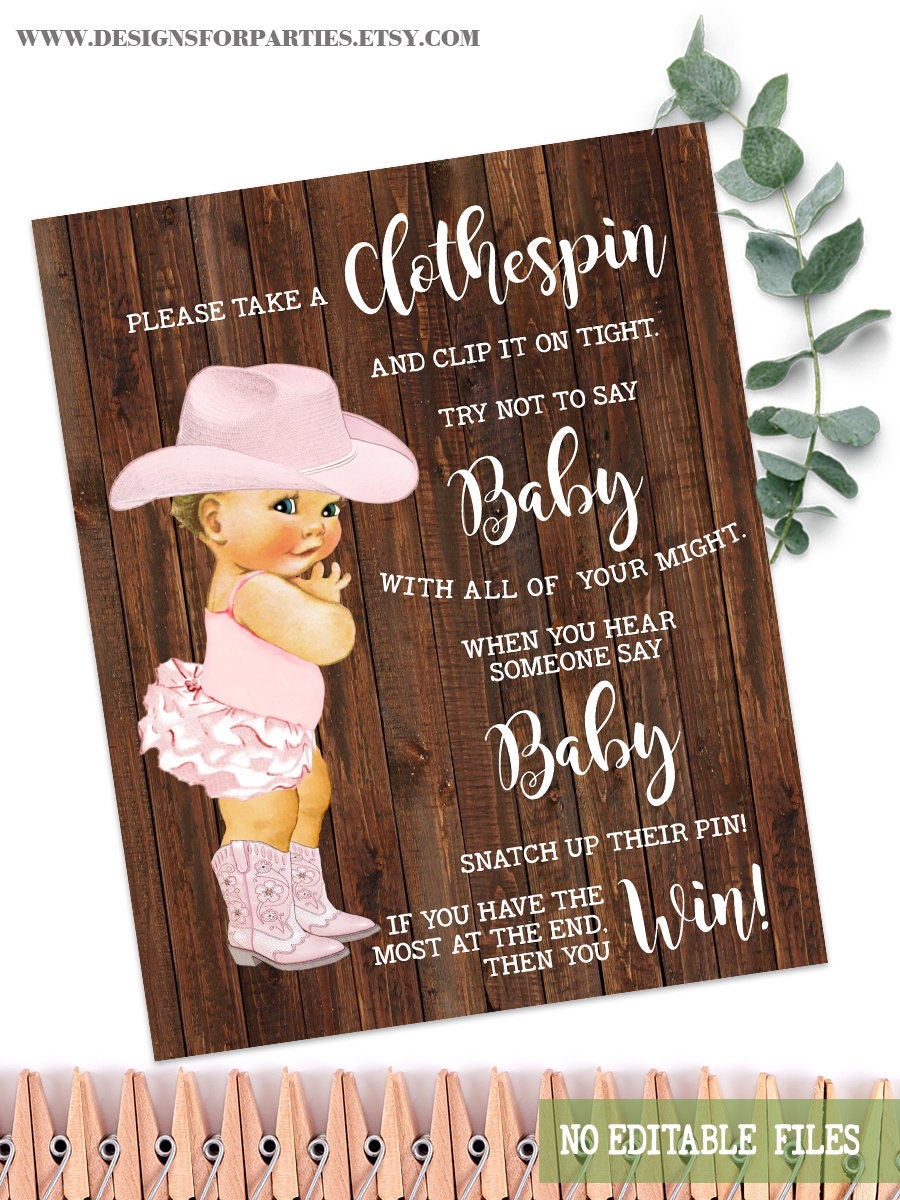 "Don't Say Baby" Baby Shower Game - Western Boots Theme, Includes 5x7 Sign & 50 Clothespins - View #4