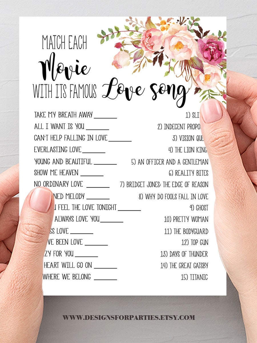 Match the Love Song Game Bridal Shower Activity Game Pink - Etsy