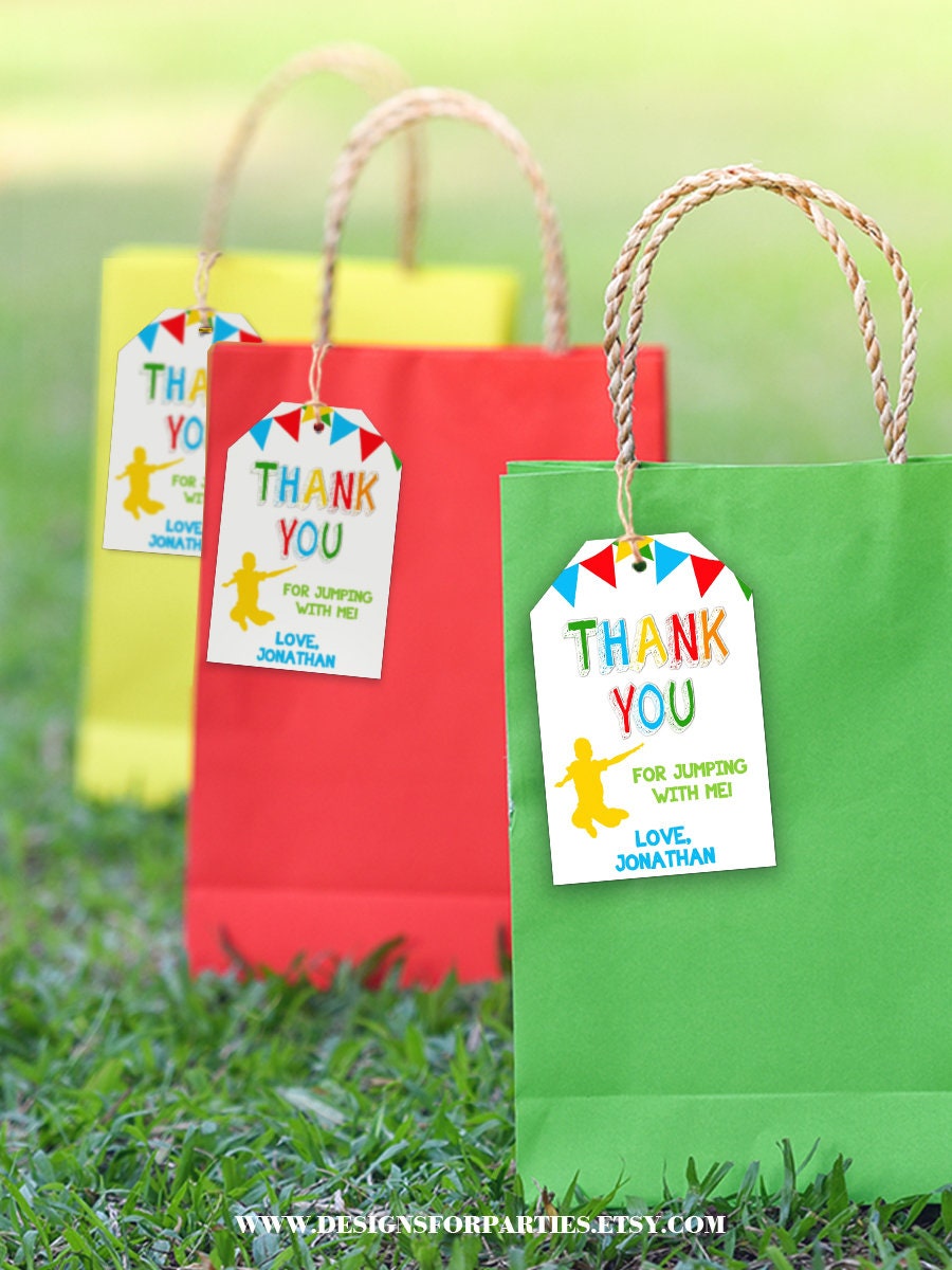 Favor tag Jump Trampoline Bounce House bash birthday thank you tag party favor treat tag primary colors You edit with Corjl TGP75-210