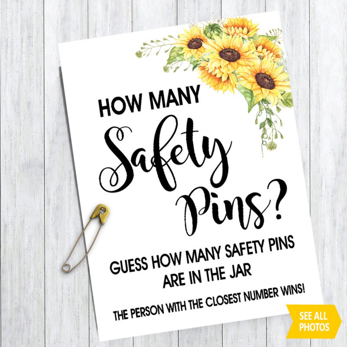 How Many Safety Pins Game Baby Shower Game Sunflowers Country Etsy