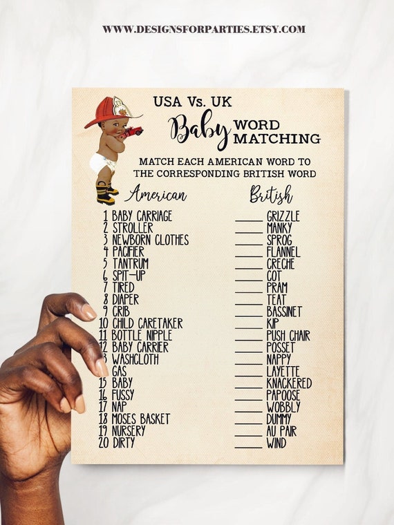 USA Vs UK Baby Shower Game How to Say Baby Words Fireman Etsy