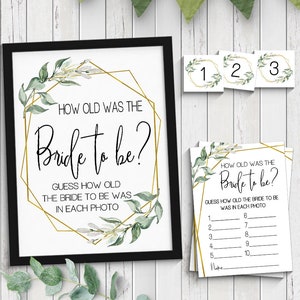 How old were was bride game guess her age bridal shower game greenery gold geometric wedding shower Ready to Print No Editable 08-GW107