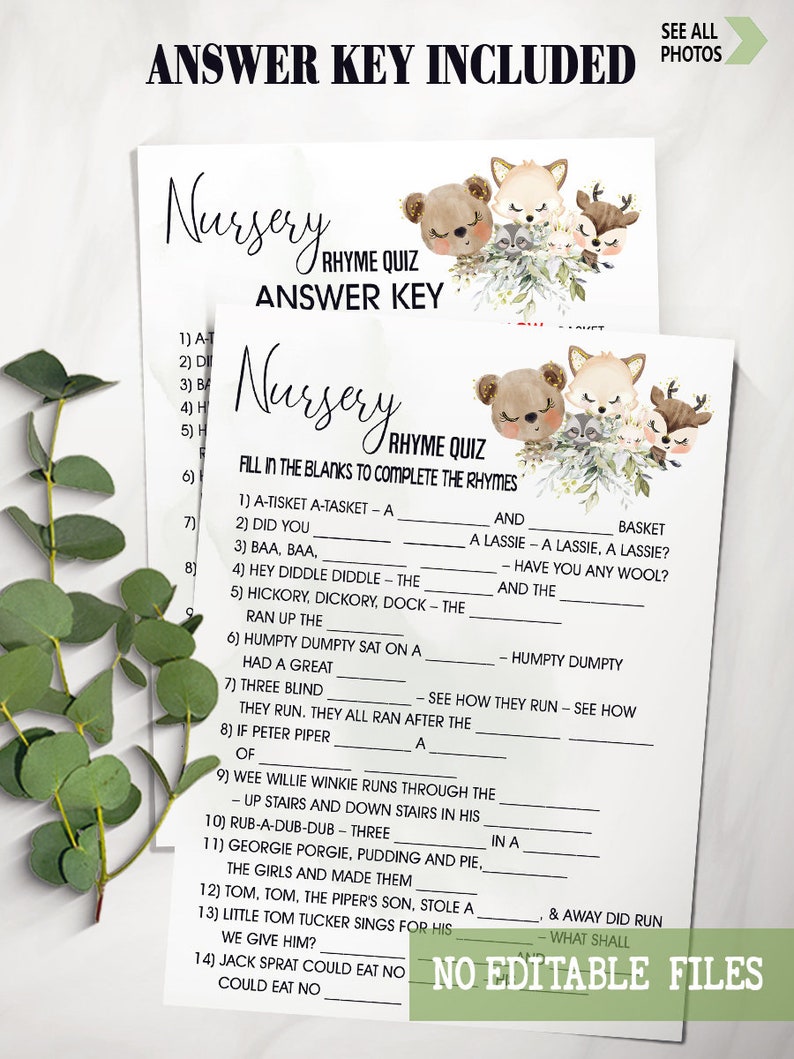 Forest Animals Nursery Rhymes Baby Shower Game Complete the Etsy