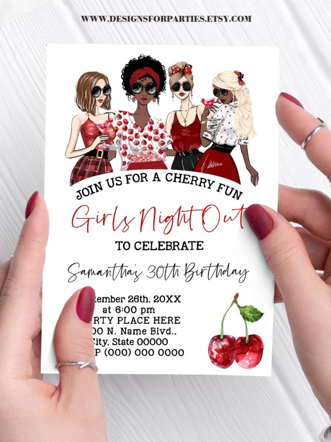 Cherry Birthday Girls Night Out Invitation Birthday Drinks Party Wine ...