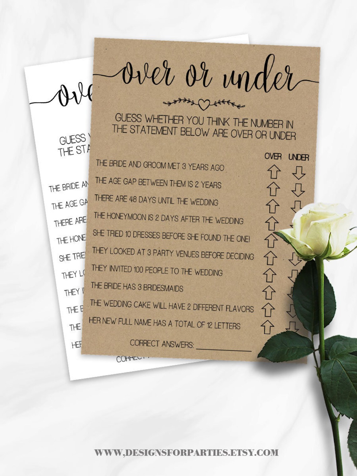Over or Under Game Bridal Shower Activity Editable Game White | Etsy