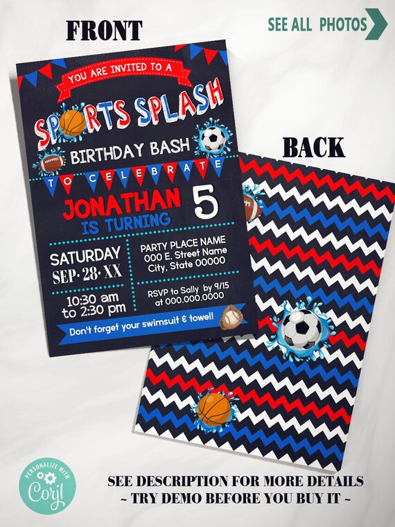 Sports Splash Backyard Water Bash Birthday Invitation Summer Etsy