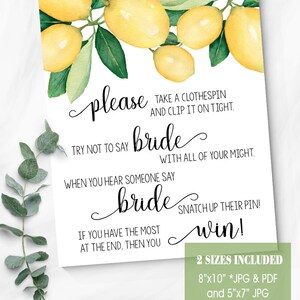 Clothespin Game Bridal Shower Don't Say Bride or Wedding Citrus Lemons ...