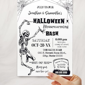 Convite para festa de inauguração de casa de Halloween, dança do esqueleto, convite para casa nova, casa aberta, convite de Halloween autoeditável com Corjl P067-102