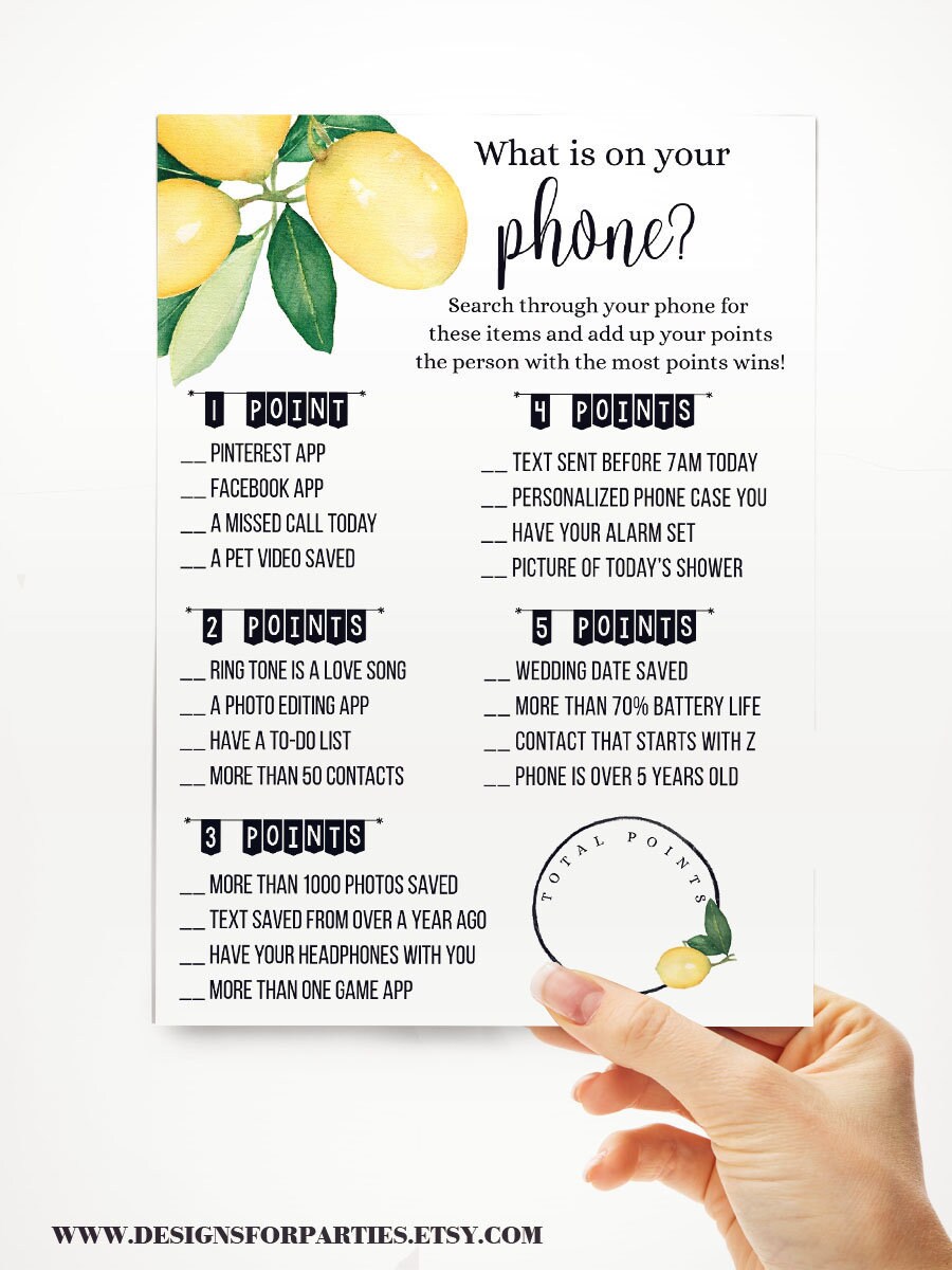 What is on Your Phone Game Bridal Shower Activity Game Citrus - Etsy