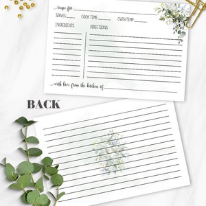 May include: Printable recipe card with a watercolor floral design in shades of green. The card has lines for writing down the recipe title, servings, cook time, oven temperature, ingredients, and directions. The text "with love from the kitchen of" is at the bottom of the card.
