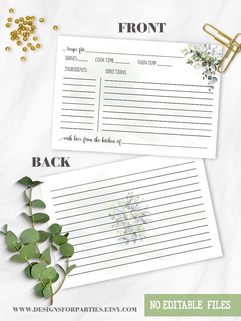 May include: Printable recipe card with a watercolor floral design in shades of green. The card has lines for writing down the recipe title, servings, cook time, oven temperature, ingredients, and directions. The text "with love from the kitchen of" is at the bottom of the card.