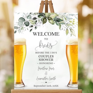 Placa de boas-vindas Brews Before the I do's Chá de casal Eucalipto Folhagem de casamento Chá de panela 16x20 Você edita com Corjl SGW-63-110