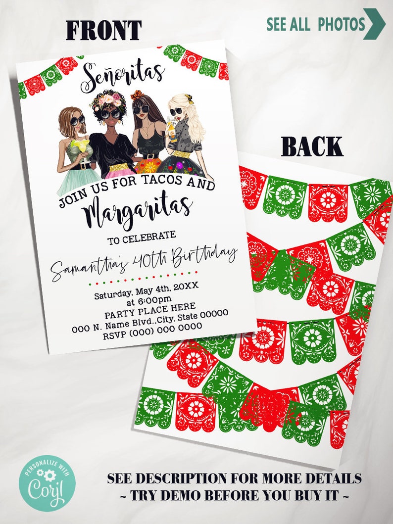 Margaritas Fiesta Girls Night Out Birthday Invitation Lets - Etsy