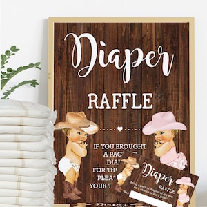 Twins Cowboy and Cowgirl Diaper Raffle Ticket & Sign Baby Shower Bring a pack of Diapers Country Western Ready to Print No Editable 38-GB156