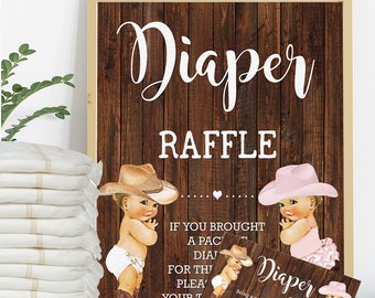 Twins Cowboy and Cowgirl Diaper Raffle Ticket & Sign Baby Shower Bring a pack of Diapers Country Western Ready to Print No Editable 38-GB156