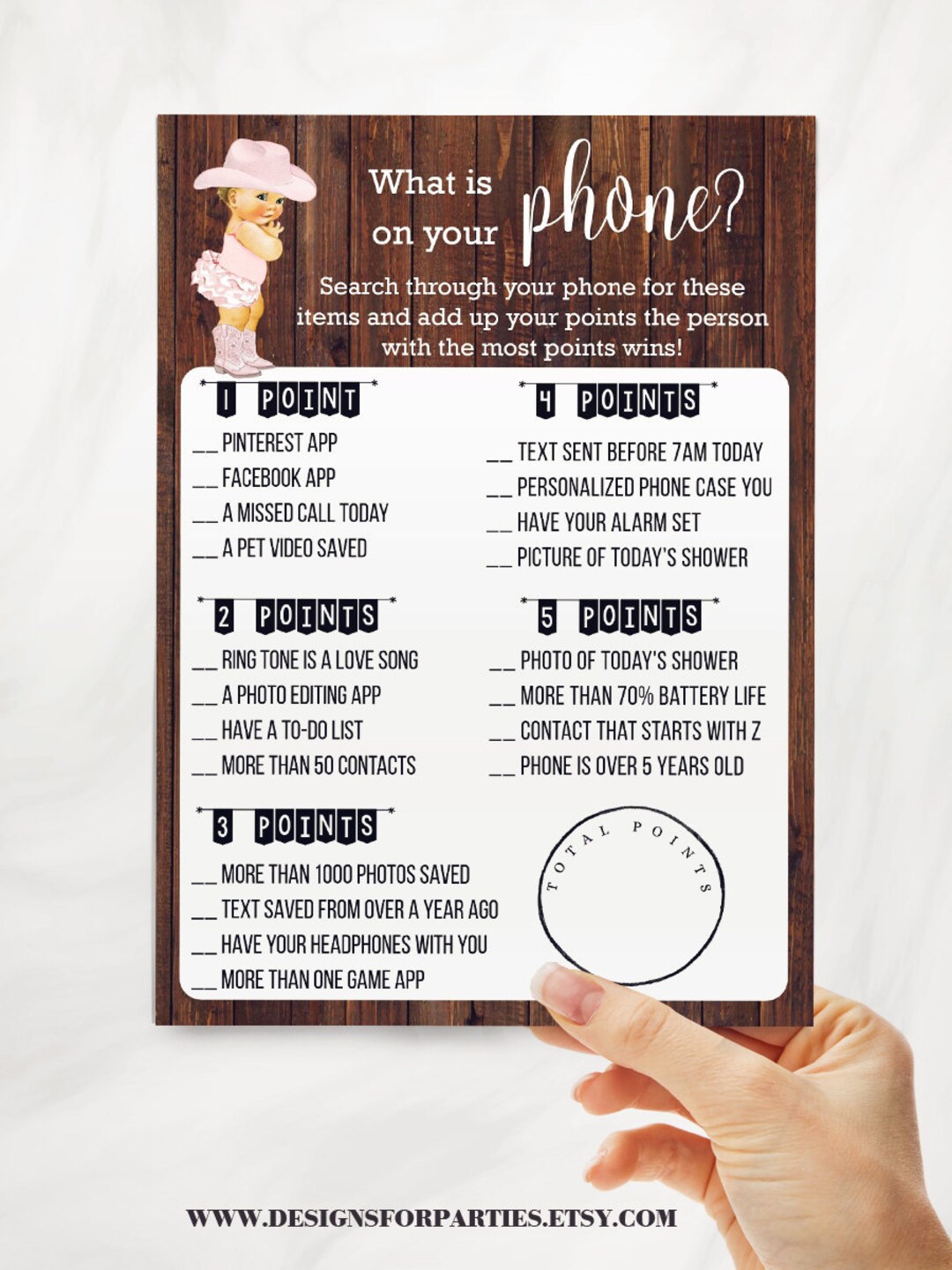 Cowgirl What is on Your Phone Baby Shower Game Country Western