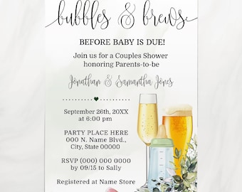 Bubbles and Brews Before the Baby is Due Couples Baby Shower invitation Eucalyptus Greenery Coed Shower invite You edit with Corjl B90-110
