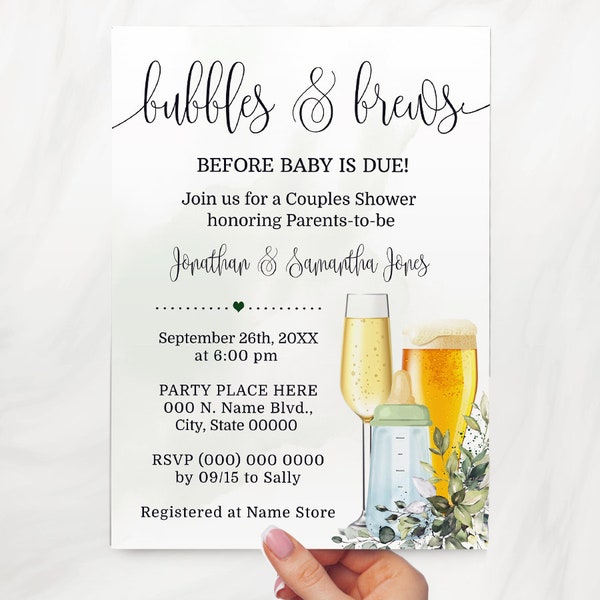 Faire-part pour baby shower en couple Bubbles and Brews Avant la naissance du bébé Faire-part pour baby shower en couple, verdure, eucalyptus, modifier avec du Corjl B90-110