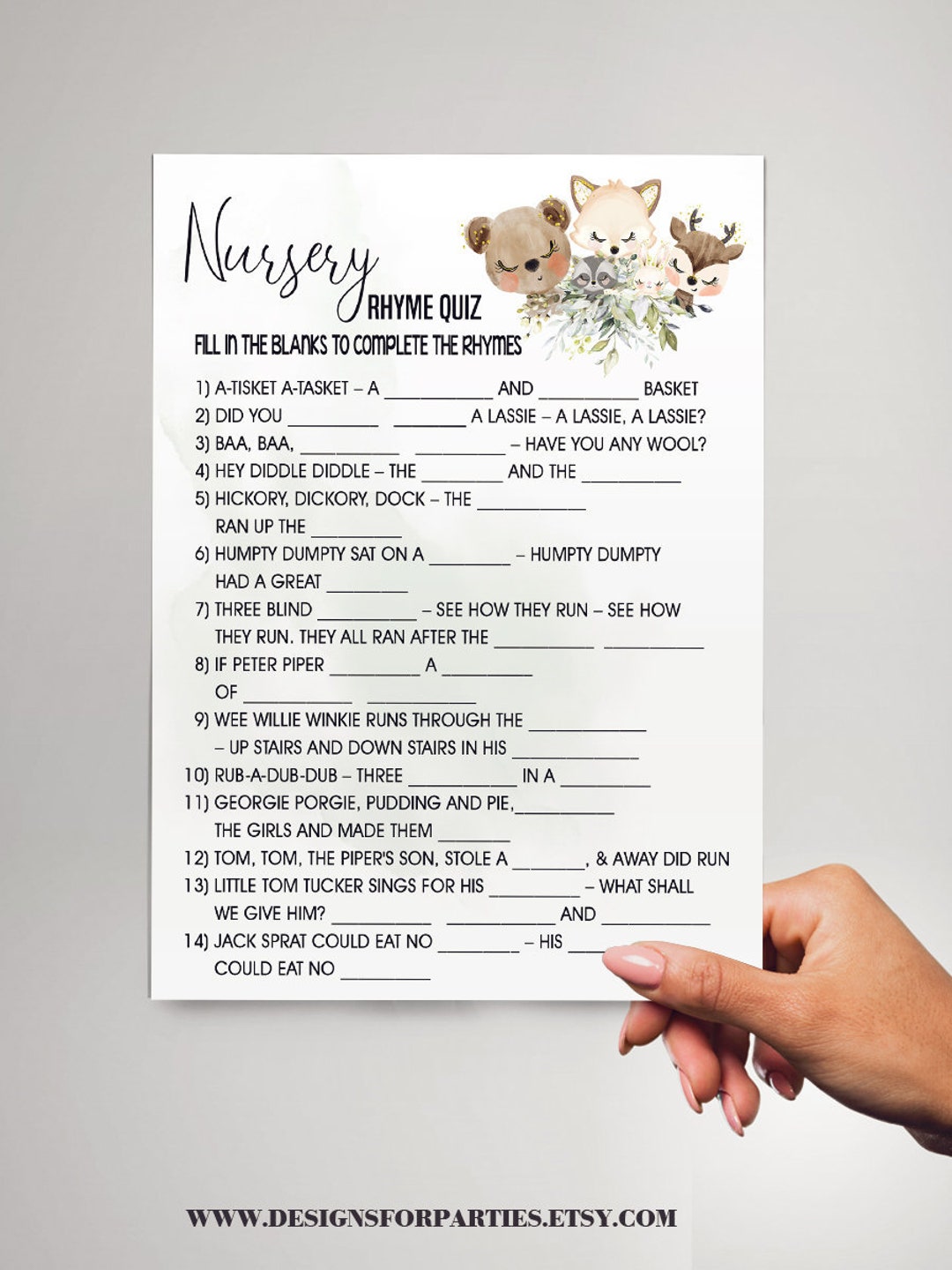 Forest Animals Nursery Rhymes Baby Shower Game Complete the Rhyme Greenery Eucalyptus Woodland