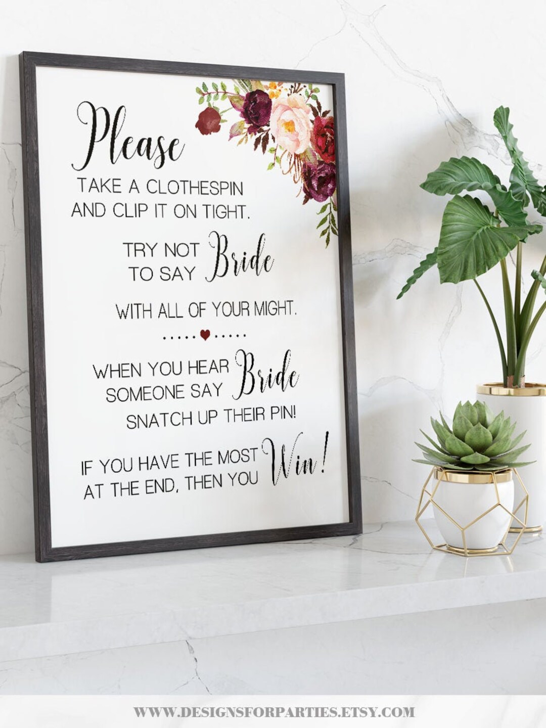 Clothespin Game Bridal Shower Don't Say Bride or Wedding Marsala Boho ...