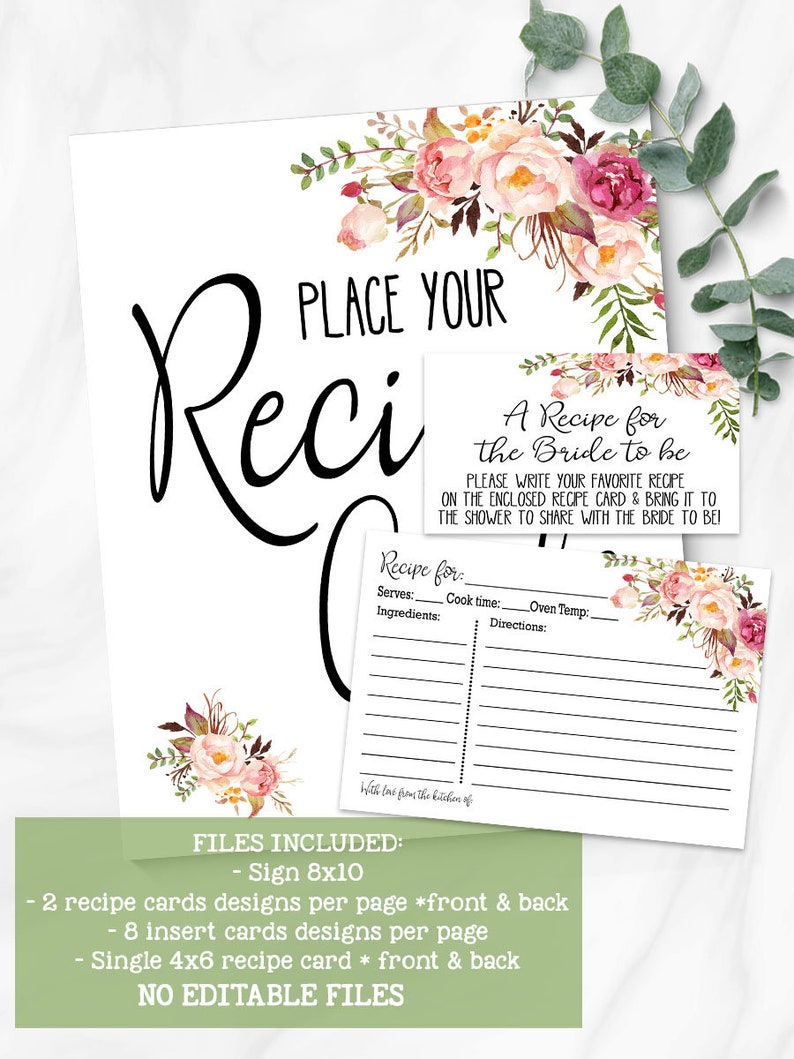 May include: A white recipe card set with floral accents. The set includes a large sign, recipe cards, and insert cards. Text includes "Place Your Recipe" and "A Recipe for the Bride to be". The cards have a watercolor floral design.