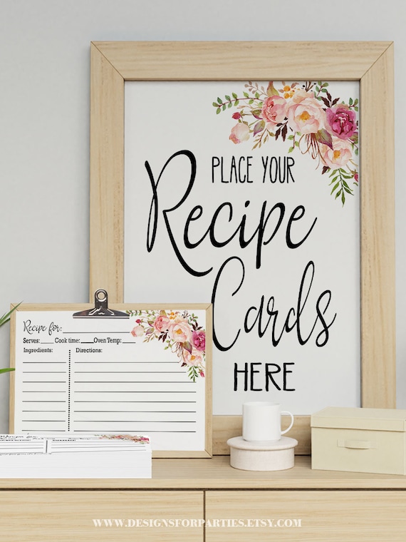 Pink Floral Bridal Shower Recipe Card & Sign Template (Ready to Print) 38-GW103