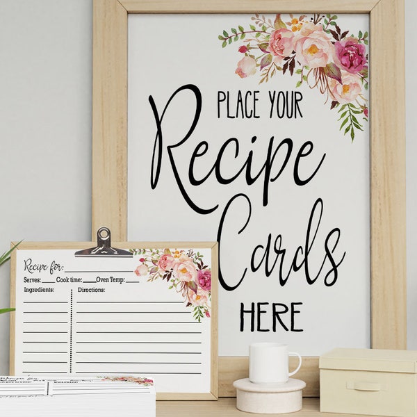Recipe card for the Bride, bring a recipe bridal shower pink flowers boho chic wedding shower Ready to Print No Editable 38-GW103