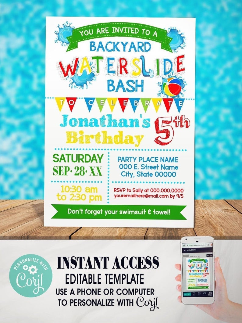 Waterslide summer backyard bash invitation summer water bash children invite self editable with Corjl P120-210 image 1