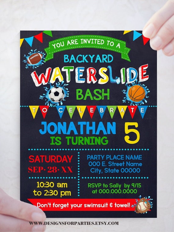 Sports Waterslide Summer Backyard Bash Invitation Summer Water Etsy