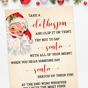 Christmas Clothespin Game Santa Family Holiday Office Xmas Don&#39;t Say Santa Game Ready to Print No Editable Template 24-GP937