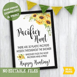 Sunflowers Pacifier hunt baby shower game find the pacifiers sunflowers floral boho western country chic Ready to Print No Editable 27-GB104