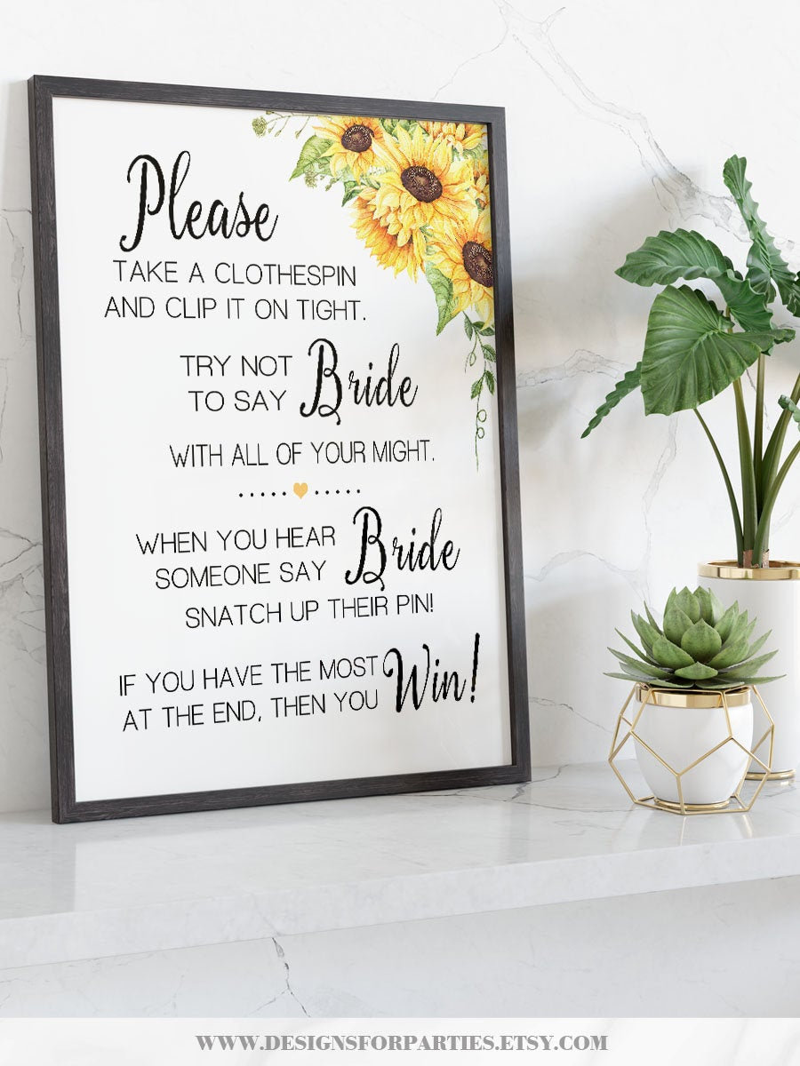 Clothespin Game Bridal Shower Don't Say Bride or Wedding Sunflower Boho ...