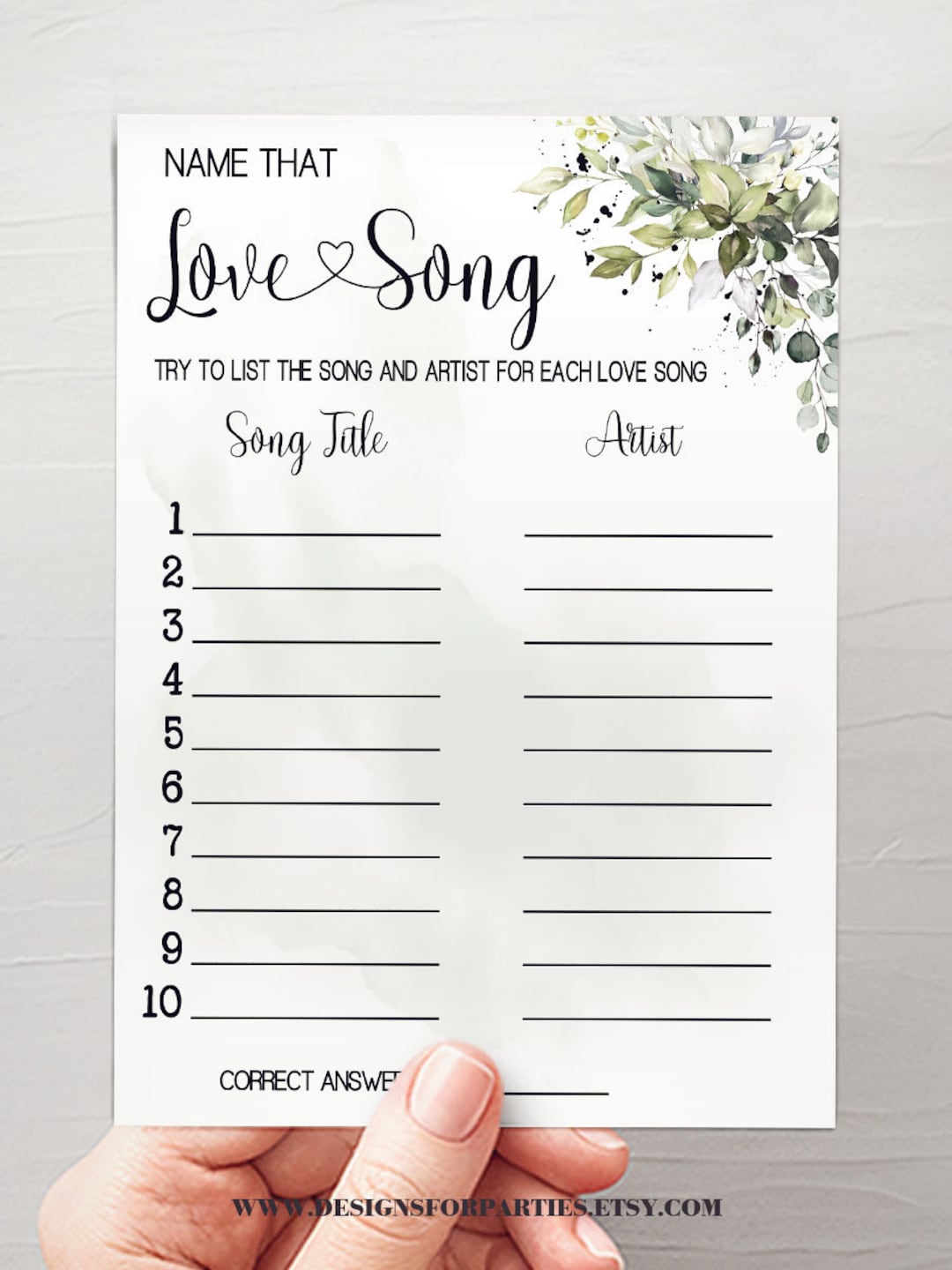 Name That Song Game Bridal Shower Name That Tune Game Greenery