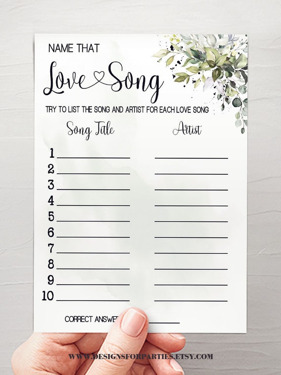 Name That Song Game Bridal Shower Name That Tune Game Greenery Etsy