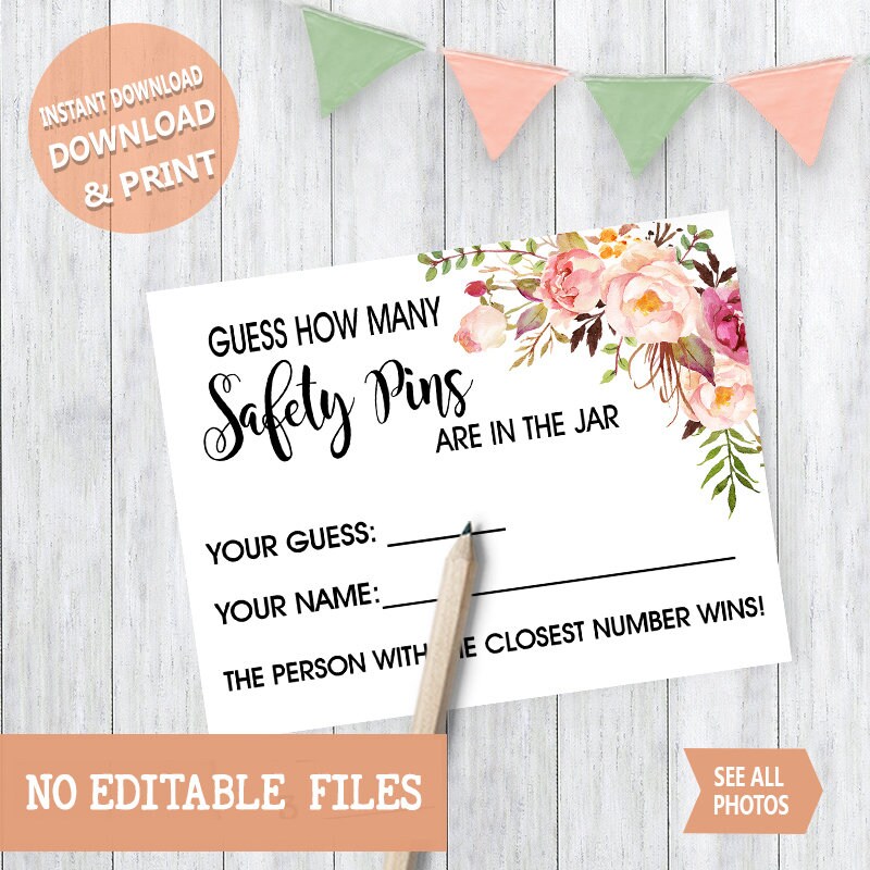 How Many Safety Pins Game Baby Shower Game Pink Flowers Etsy