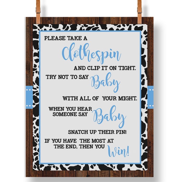 Blue Cowboy Don't Say Baby Game, Clothespin Baby Shower Game, Country Western Chic Blue Cow Baby Shower Ready to Print No Editable 28-GB154B