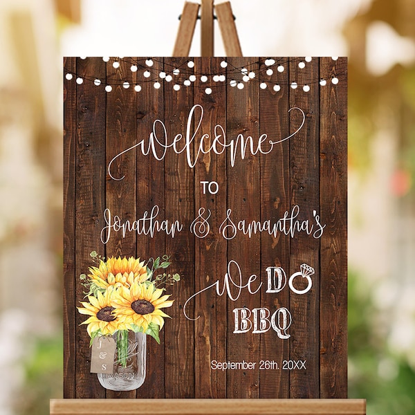 Welcome sign We do BBQ Couples Shower Sunflowers Western Country Chic I do BBQ Welcome faux wood sign 16x20 you edit with Corjl SGW-23-104