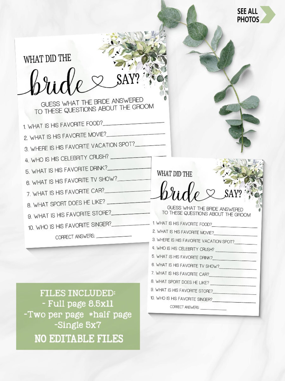 What did the Bride Say bridal shower game greenery | Etsy