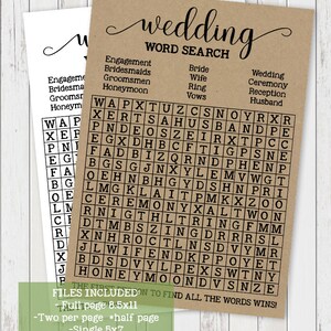 Wedding Word Search Game Bridal Shower Activity Game Rustic - Etsy