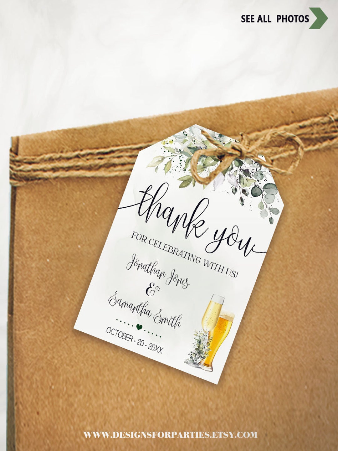 Thank You Tag Bubbles and Brews Before They Say I Do Couples Shower Favor Tag Eucalyptus