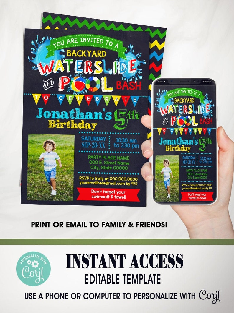 Waterslide Pool Summer backyard Water Bash invitation children chalkboard primary colors photo invite self editable with Corjl P136-210 image 1