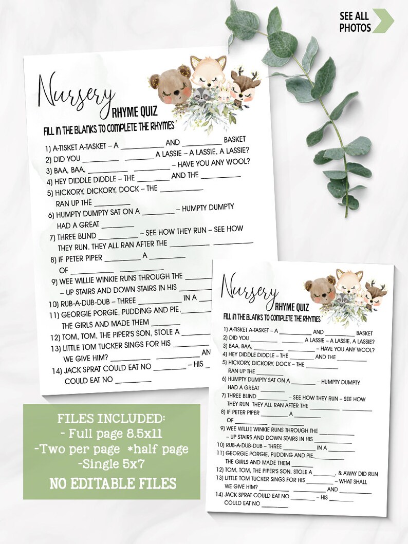 Forest Animals Nursery Rhymes Baby Shower Game Complete the Etsy